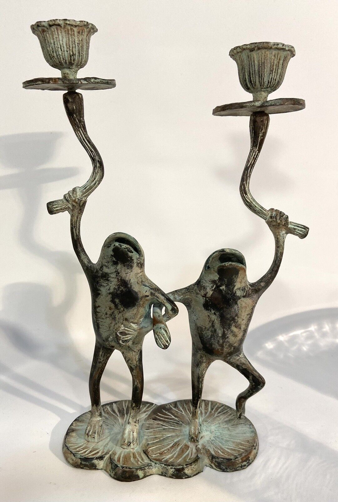 Metal Dancing Frogs on Lily Pad Double Candle Stick Holder with Patina Heavy