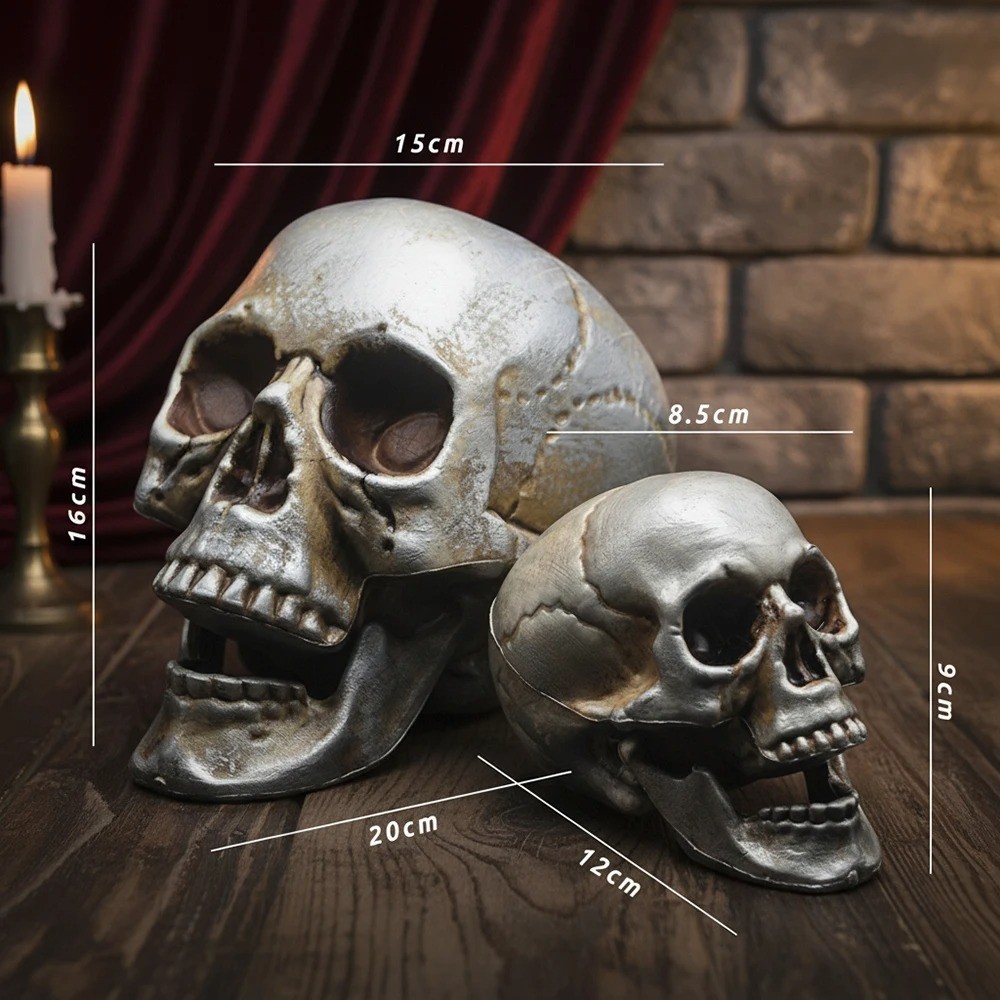 Realistic Halloween Skull Props Plastic Skeleton Head Spooky Party Decor Silver