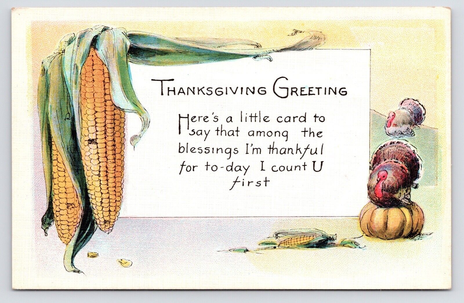 c1915~Thanksgiving Day Greetings Turkey Pumpkin & Corn~Antique Postcard