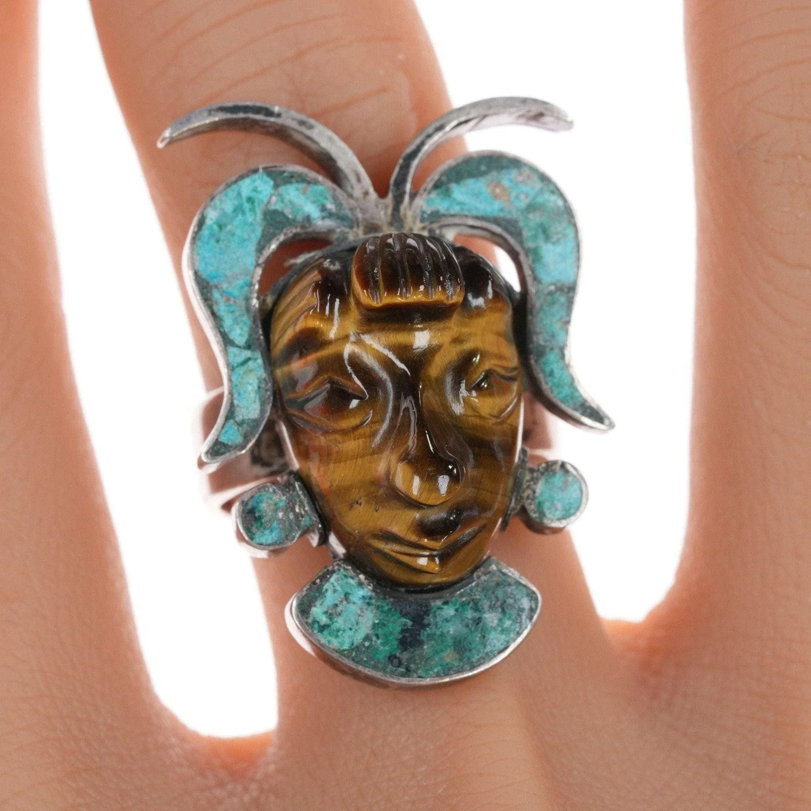 sz9.75 Mid Century Mexican sterling silver carved tiger's eye ring