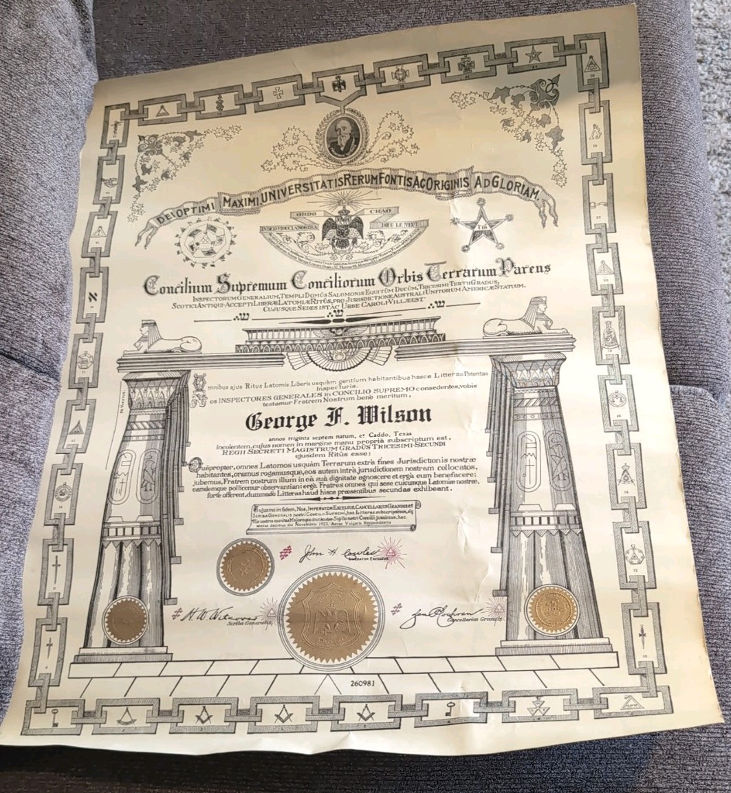1923 Masonic Scottish Rite Concilium Supremum Conciliorum Orbis  Certificate