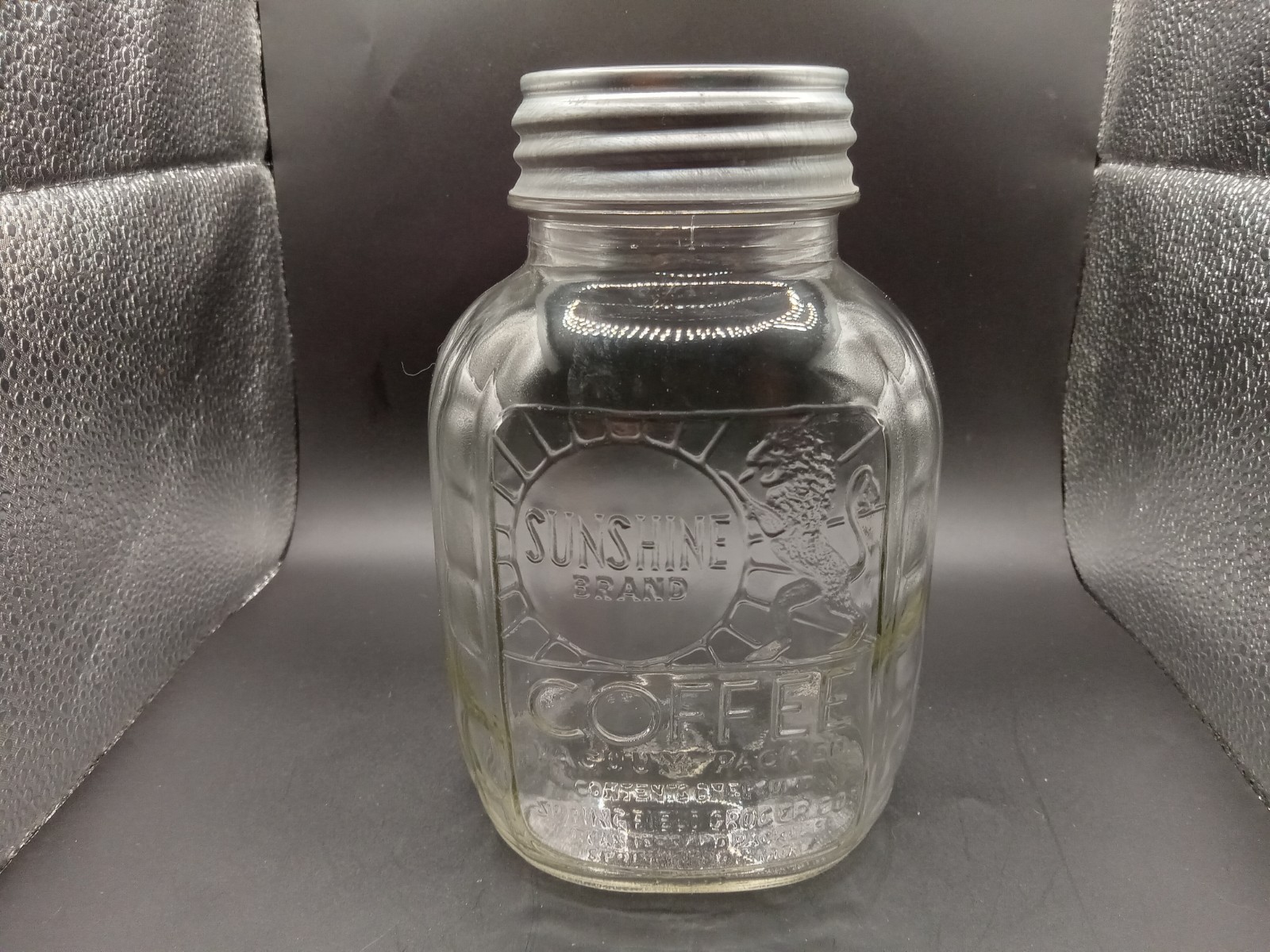 Vintage Sunshine Brand Coffee Jar Springfield MO Lion New Old Stk Ball Zinc Lid