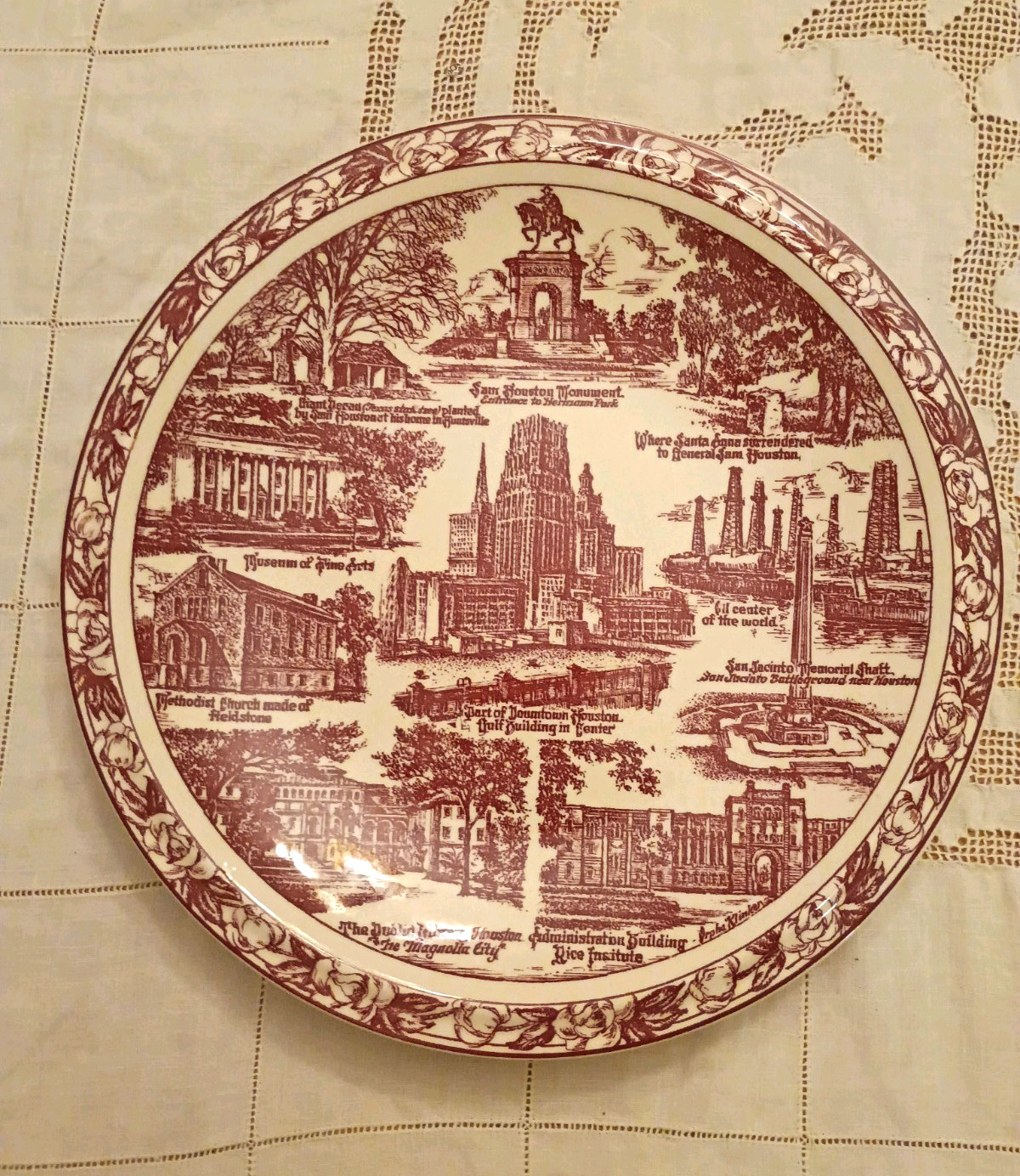 Houston Texas Souvenir Plate Texas Lamp and Oil Co Vernon Kilns USA Transferware