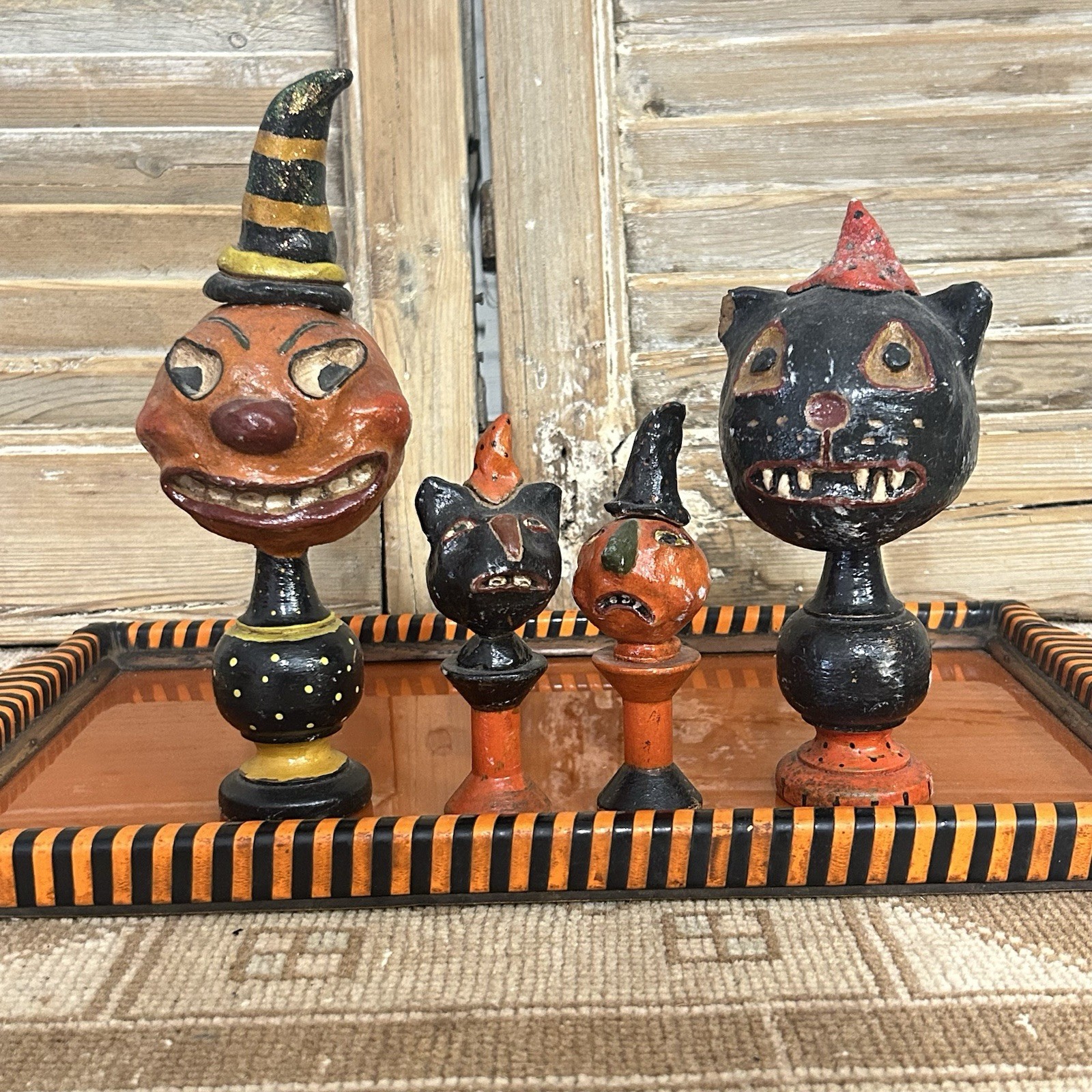 Original Set  Primitive OOAK  Halloween Folk Art Black Cat And Jack-o’-lantern
