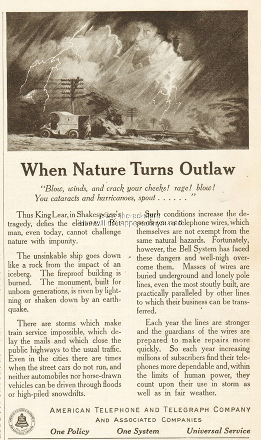 1916 American Telephone Telegraph AT&T Bell Phone When Nature Turns Outlaw Ad