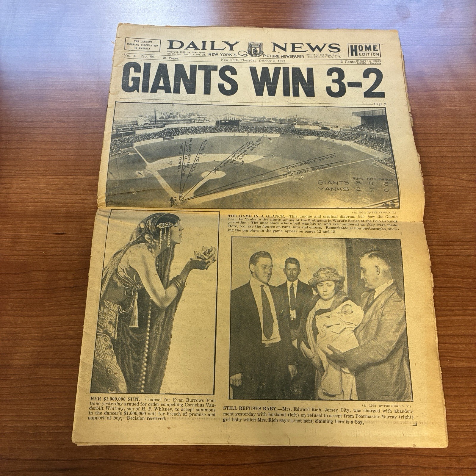 1922 NY Daily News Newspaper Game 1 World Series Babe Ruth NY Giants vs Yankees