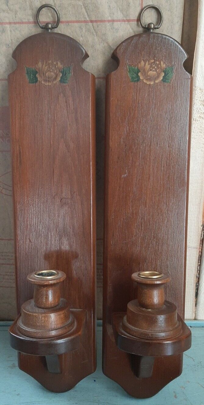 Vintage Set of 2 Wooden Wall Sconces Candle Holder Floral Colonial American