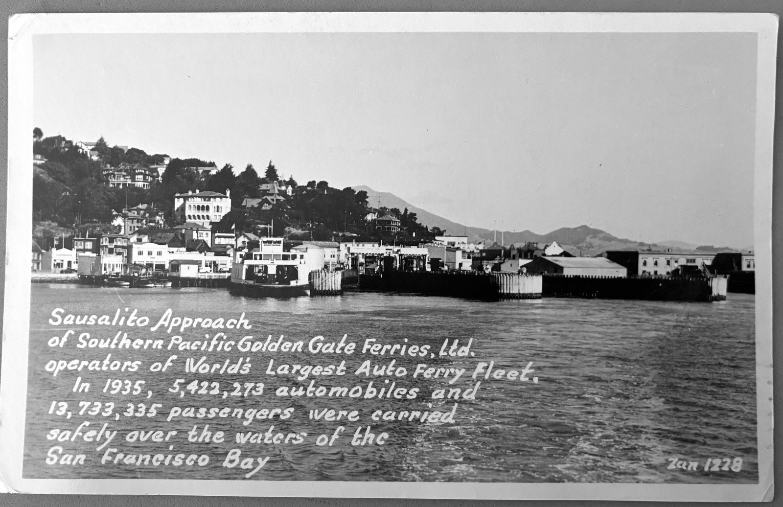 WORLD\'S LARGEST AUTO FERRY FLEET. SAUSALITO, SF BAY. REAL PHOTO postcard 1937