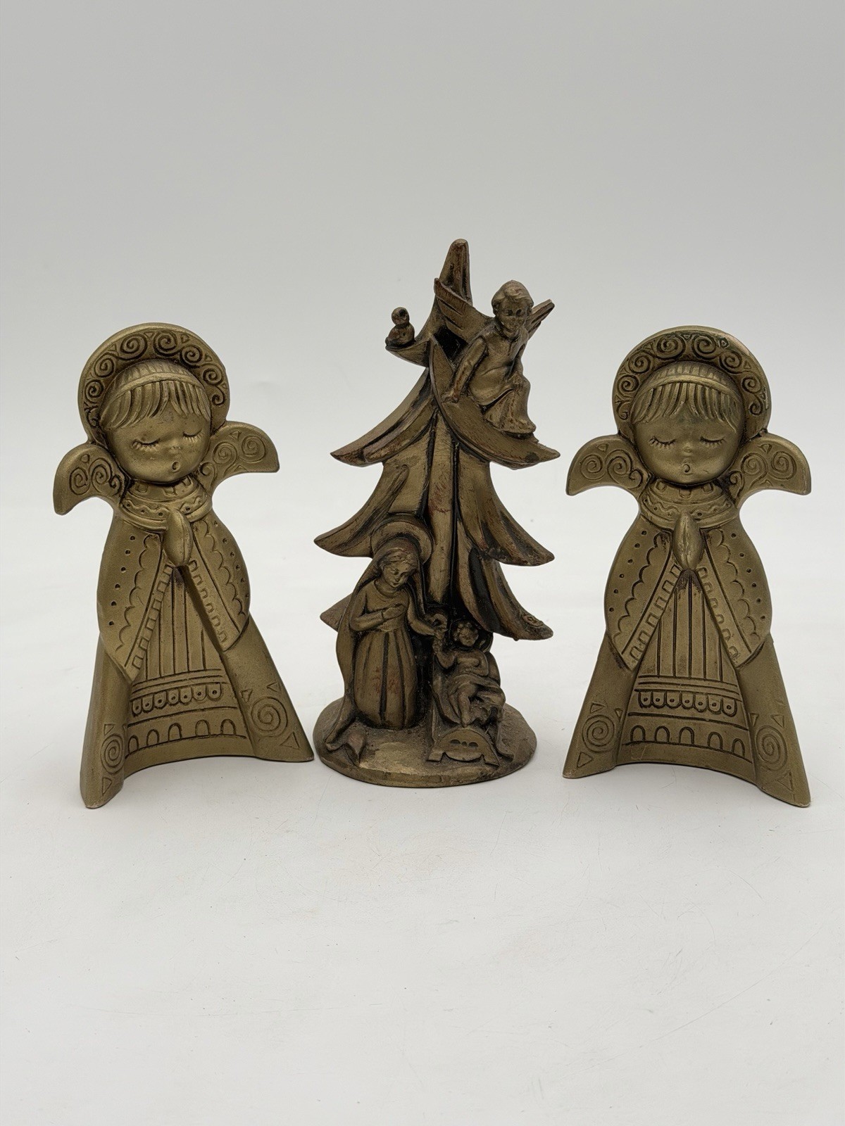 VTG Mid-Century Chalkware Praying Angels Gold Tone Lot of 3 Christmas Nativity