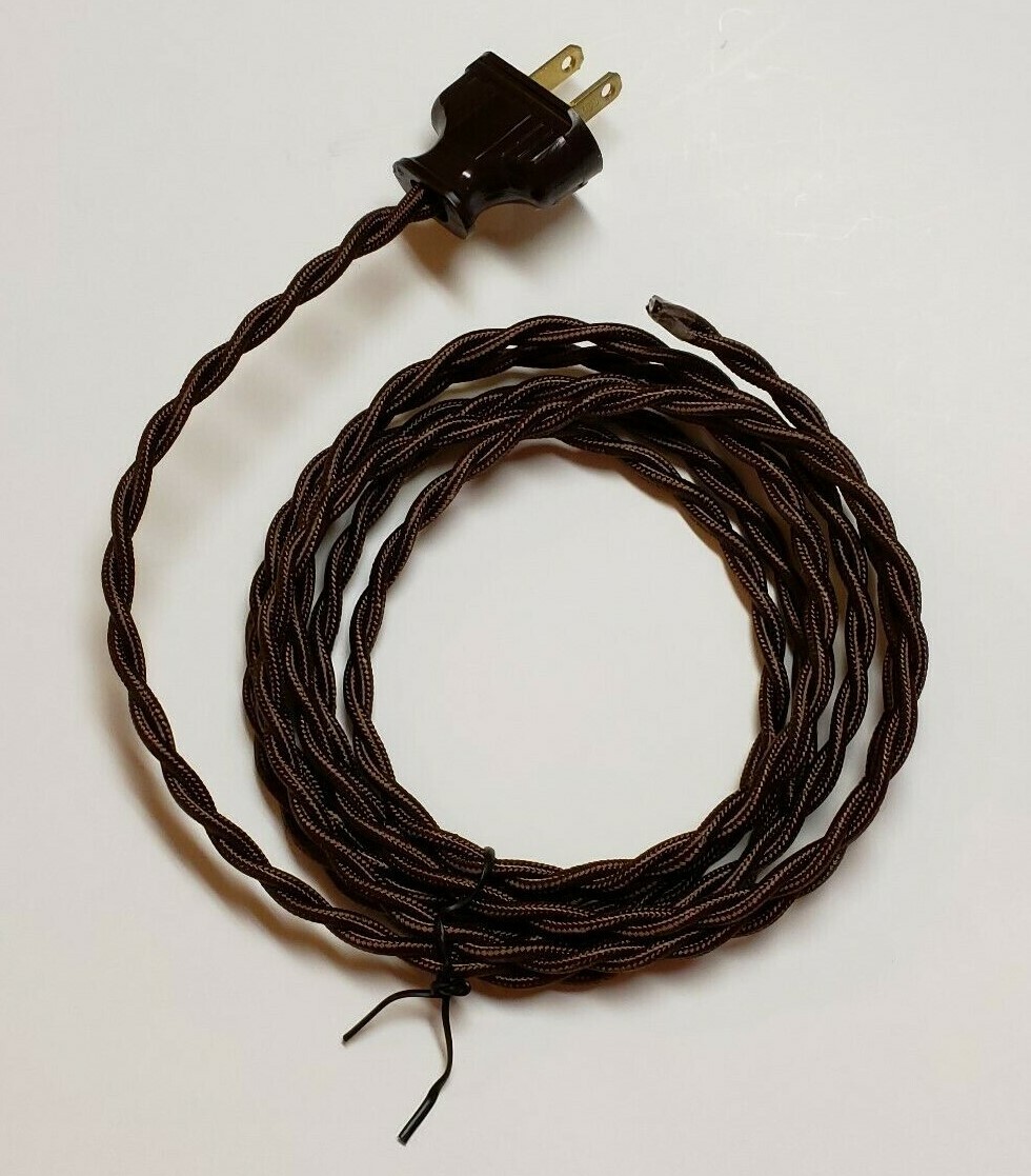8\' Brown Twisted Cloth Covered Wire & Plug, Vintage Style Lamp Cord, rayon 402J 8\' Brown Twisted Cloth Covered Wire & Plug, Vintage Style Lamp Cord, rayon 402J