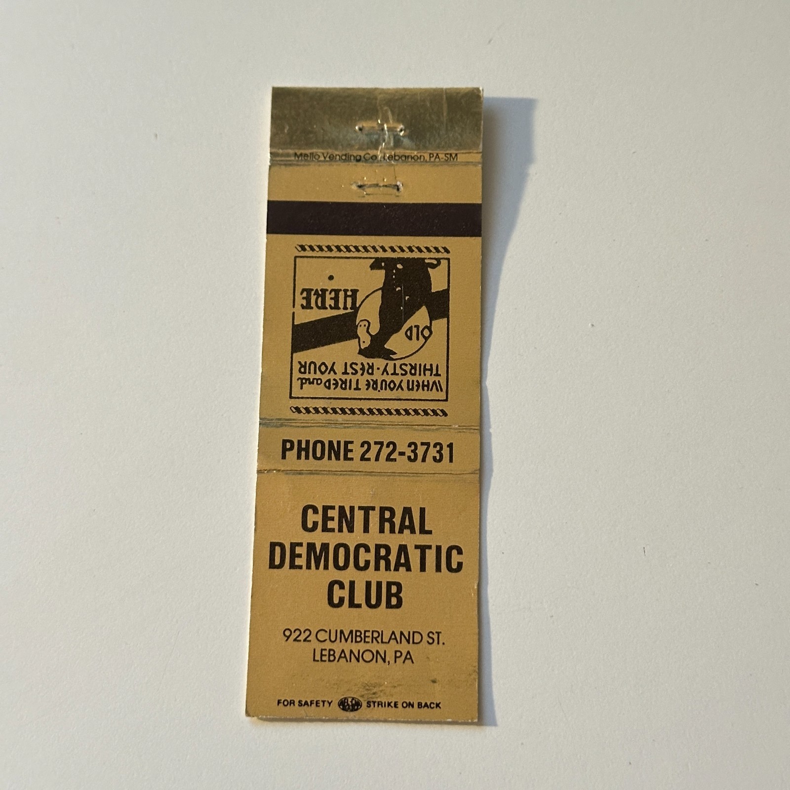 Central Democratic Club Cumberland Lebanon PA Vintage Matchbook Cover 5MB130-4
