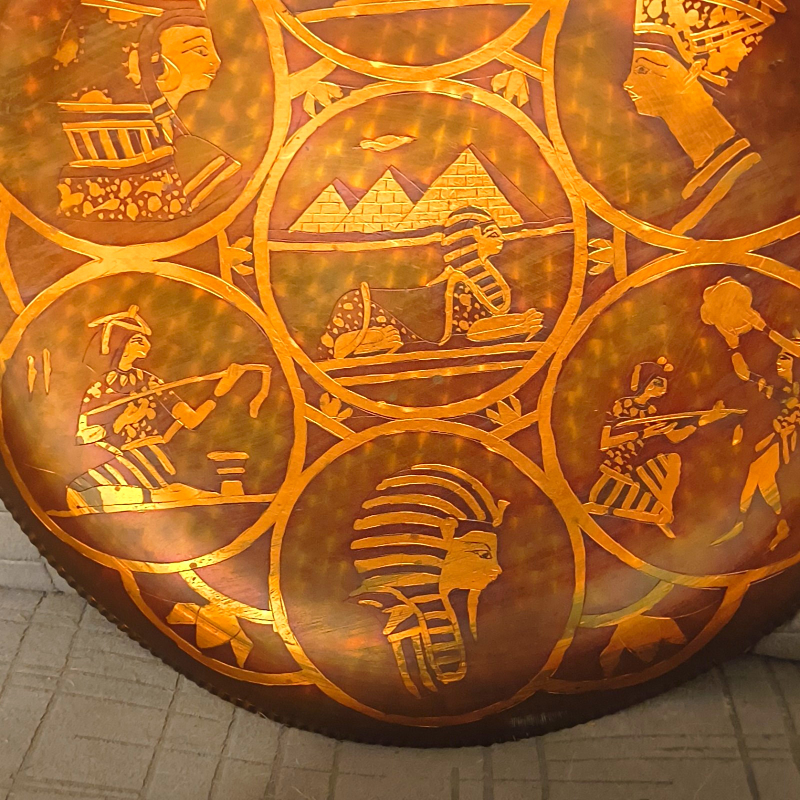 Egyptian Themed Copper Bowl w/ Etched Figures, Pyramids & Pharaoh Design
