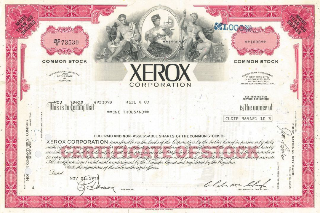 Xerox Corporation - 1970's dated Stock Certificate - Very Rare - Available in Gr