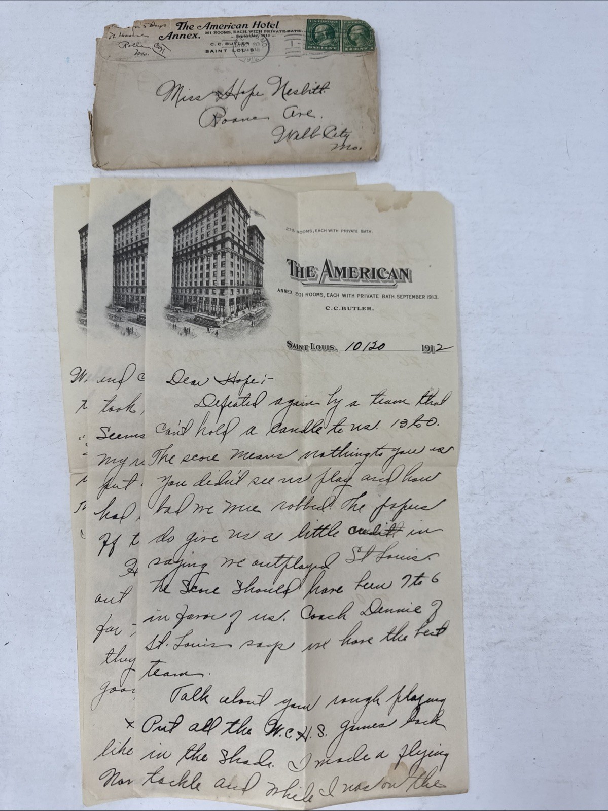 1912 Missouri Mines Football Player Letter 13-0 Loss to St Louis Billikens Game 1912 Missouri Mines Football Player Letter 13-0 Loss to St Louis Billikens Game