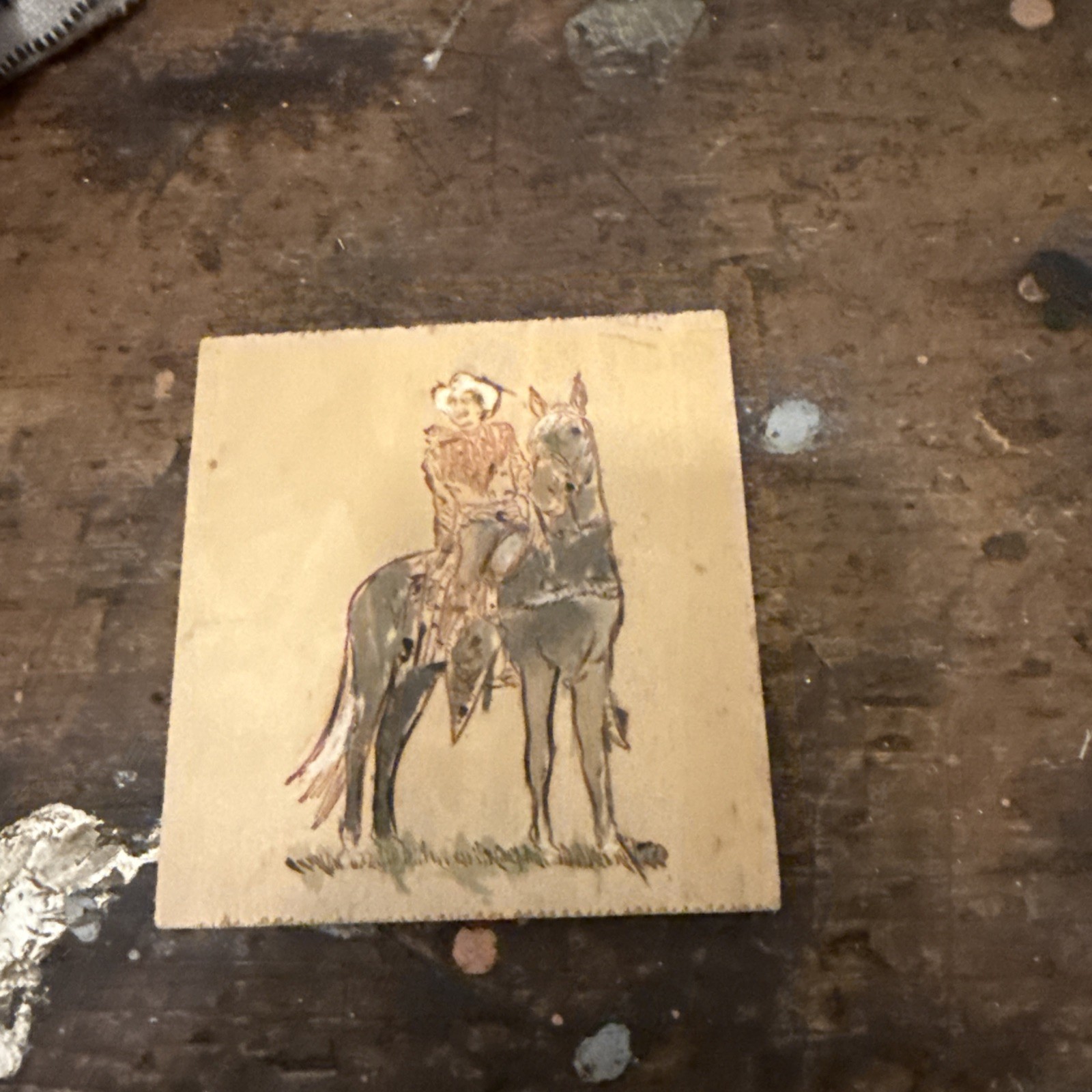 Vintage Western Cowboy And Horse Drawn On Wood Plague 3.5 By 4”