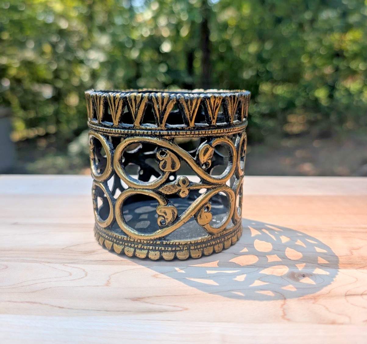 Vintage MMA Brass Filigree Open Work Pillar Candle Holder Wine Bottle Coaster