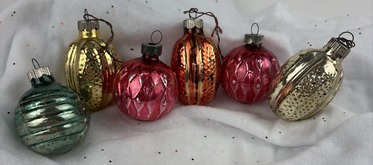 Vintage Shiny Brite USA Blown Glass Nut Ribbed Round Bumpy Christmas Ornaments