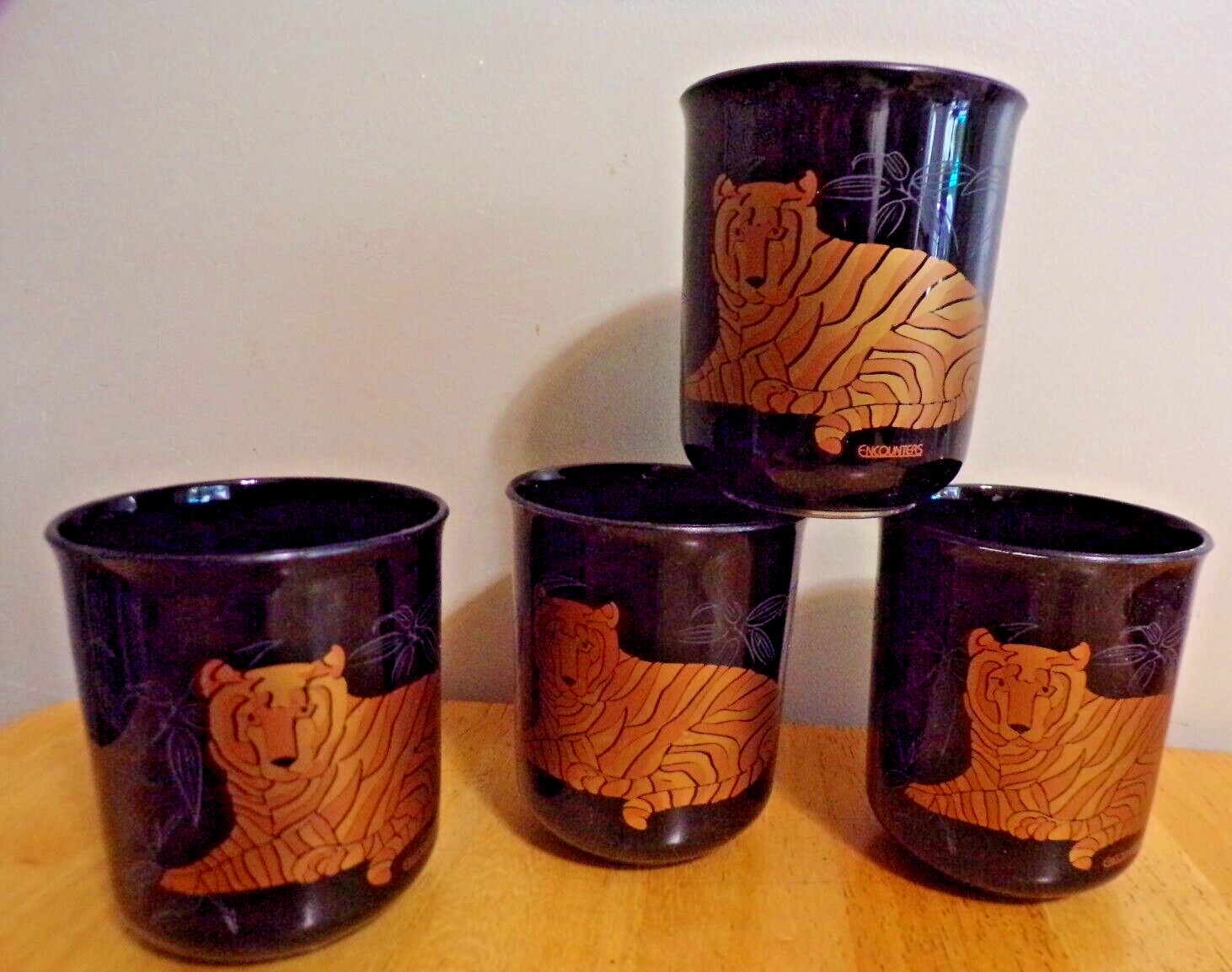 Lot x 4 60's 70's Culver Encounters Black W Tigers Acrylic Rocks Glasses