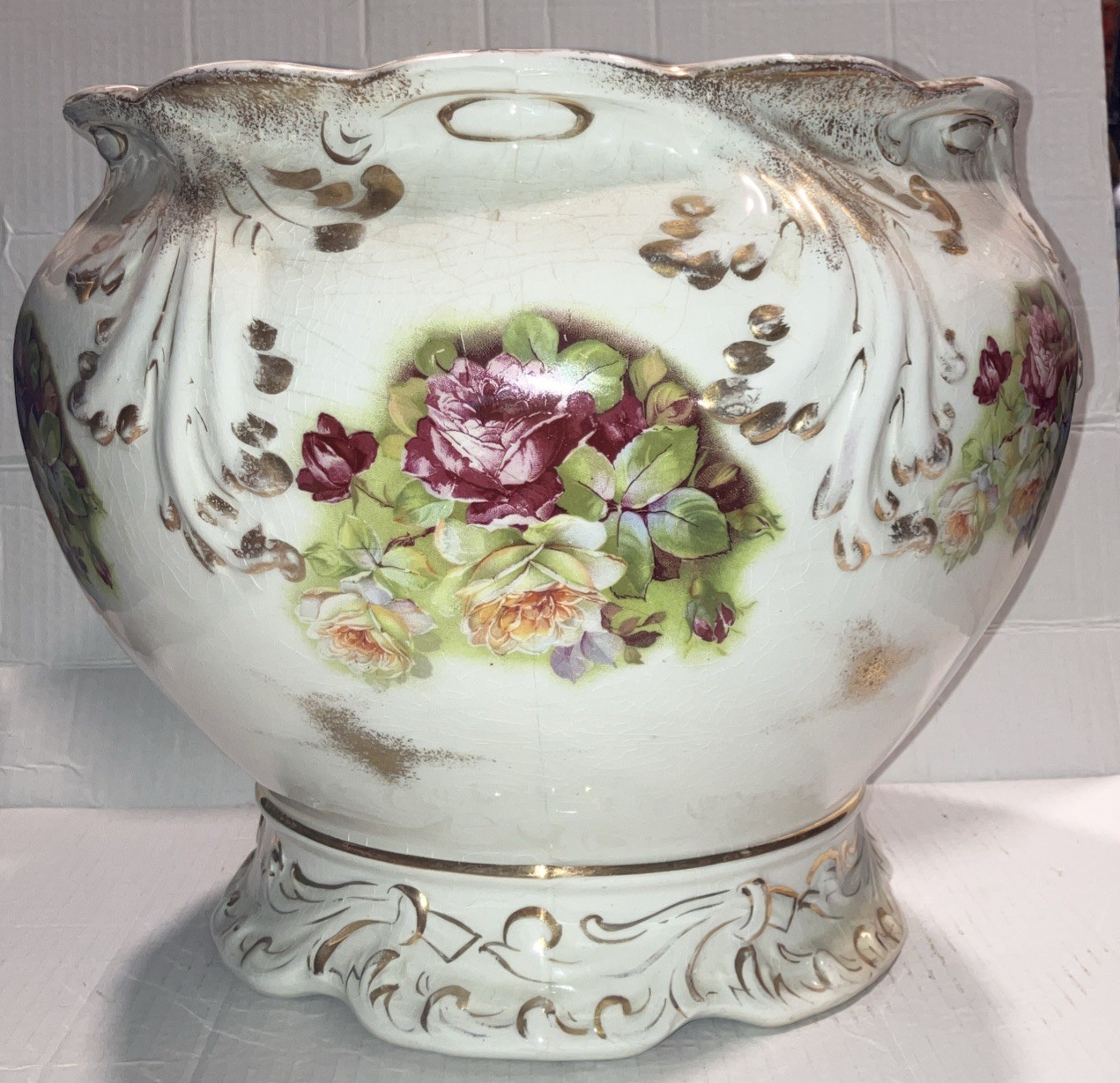 antique Warwick peonies jardinière vase hand-painted floral motifs gold trim antique Warwick peonies jardinière vase hand-painted floral motifs gold trim
