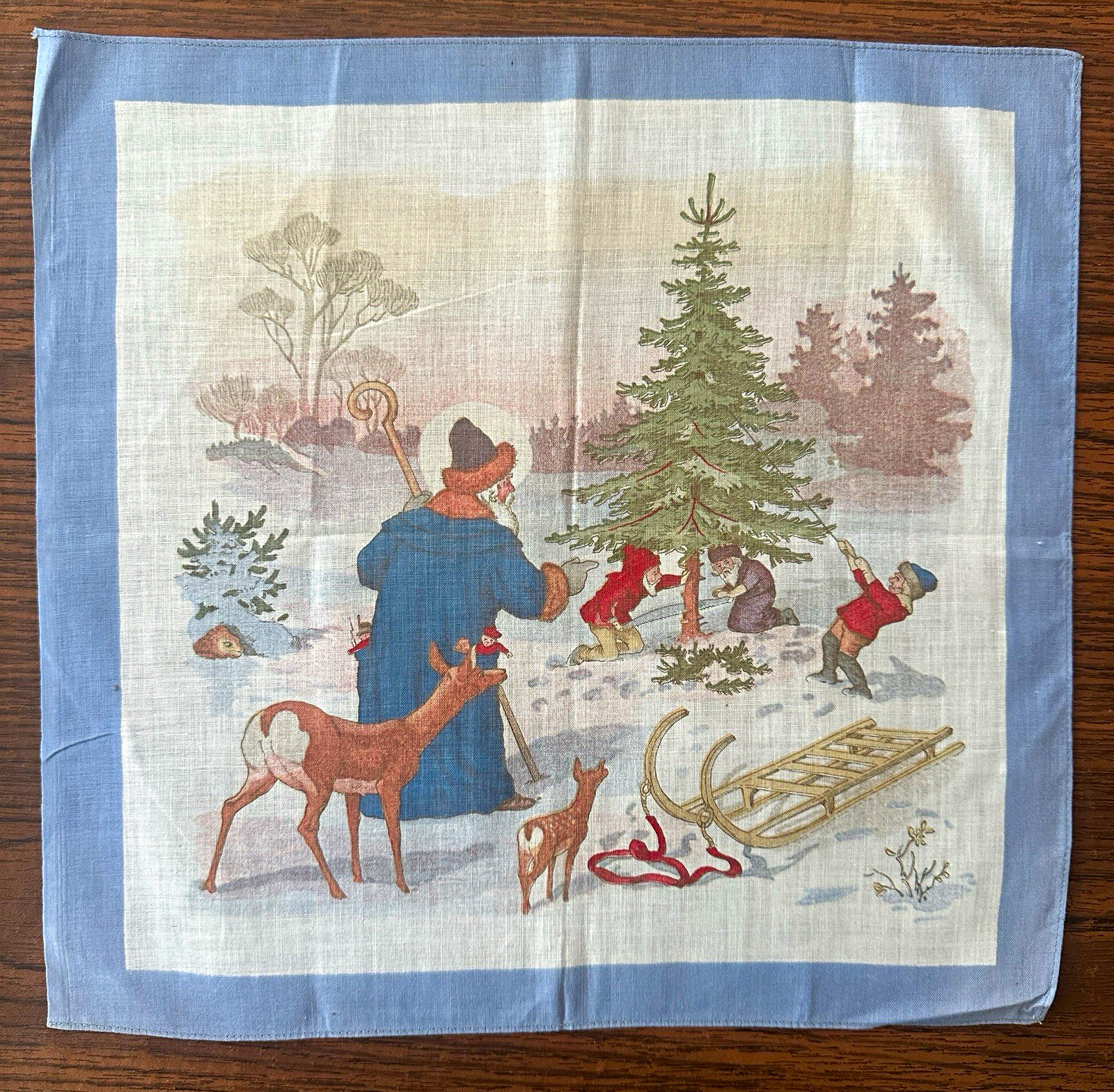 Antique Victorian Child’s Hankie Father Christmas Santa Deer Elves Tree AMAZING Antique Victorian Child’s Hankie Father Christmas Santa Deer Elves Tree AMAZING