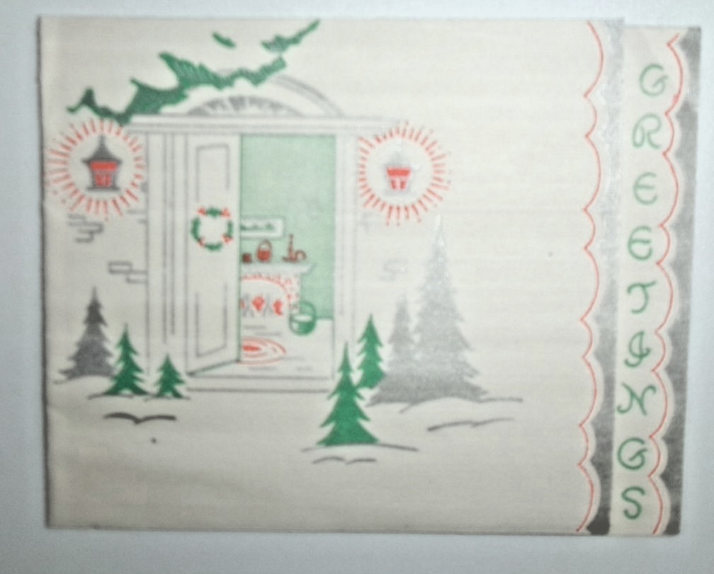 Vtg Christmas Card Sweet Simple Trees Door Open P eek Inside 1930\'s?
