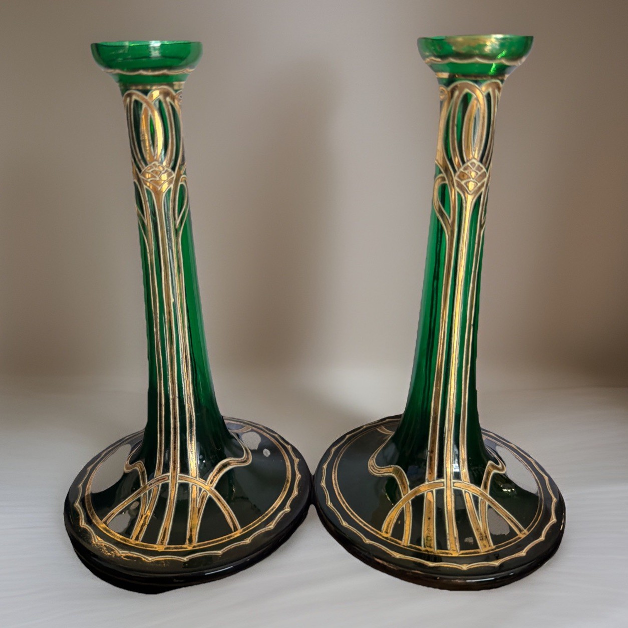 Vtg Art Nouveau Jugendstil Gold Gilded Green Satin Glass Vases 2 Ea Circa 1900s Vtg Art Nouveau Jugendstil Gold Gilded Green Satin Glass Vases 2 Ea Circa 1900s
