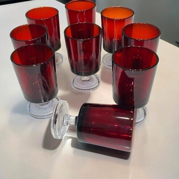 Set of 9 Vintage Mid Century Ruby Red Footed Shot Glasses by Luminarc Cavalier