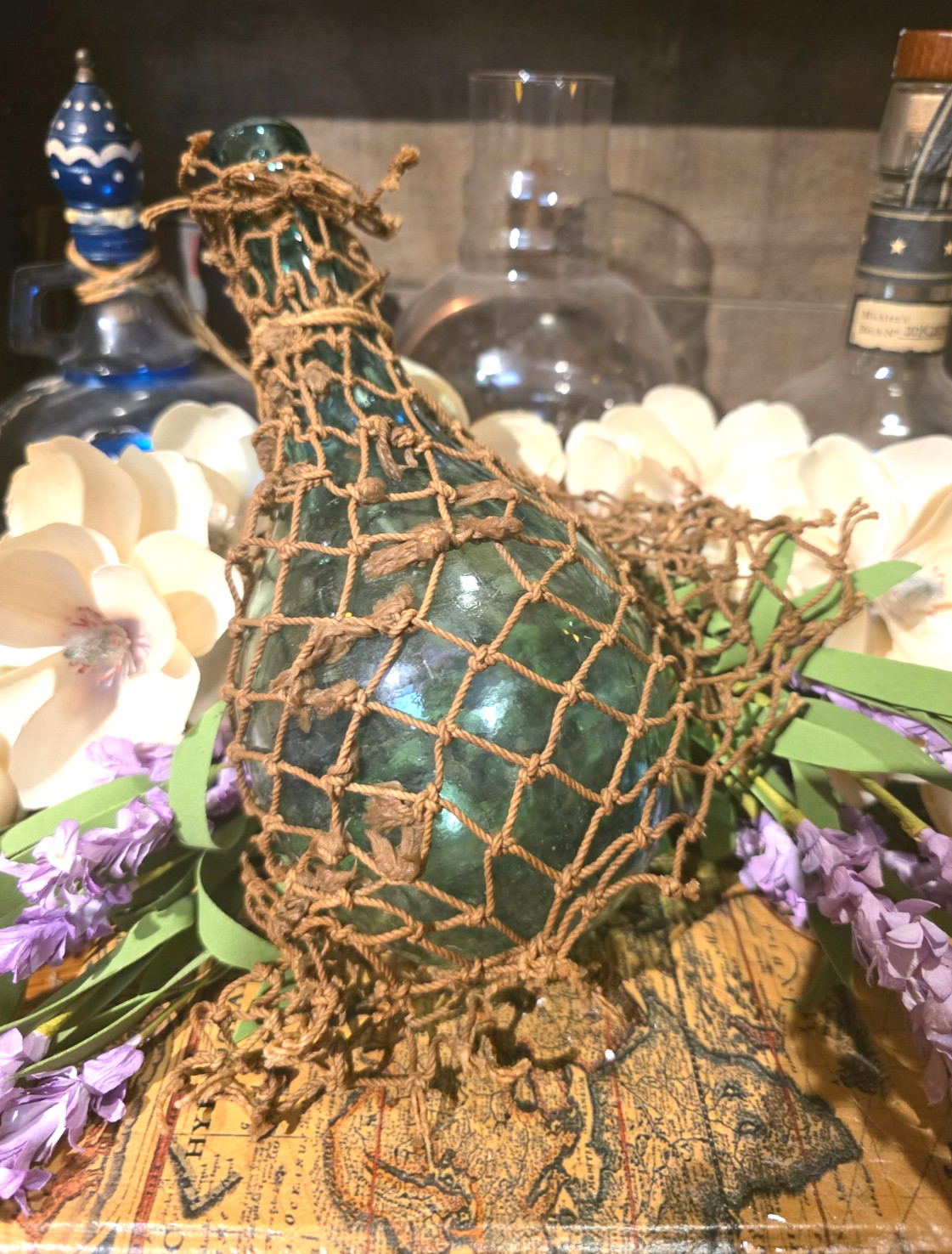 Authentic Rare VTG French Maritime Green Glass Teardrop Demijohn in Rope Netting