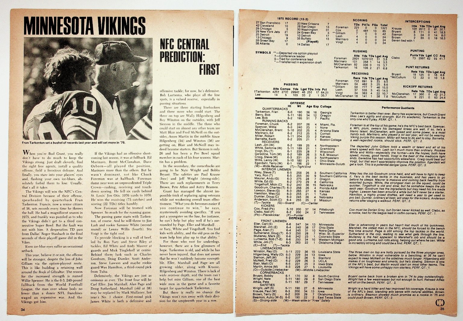 Minnesota Vikings 1976 NFL Season NFC Central Prediction Magazine Page Fran