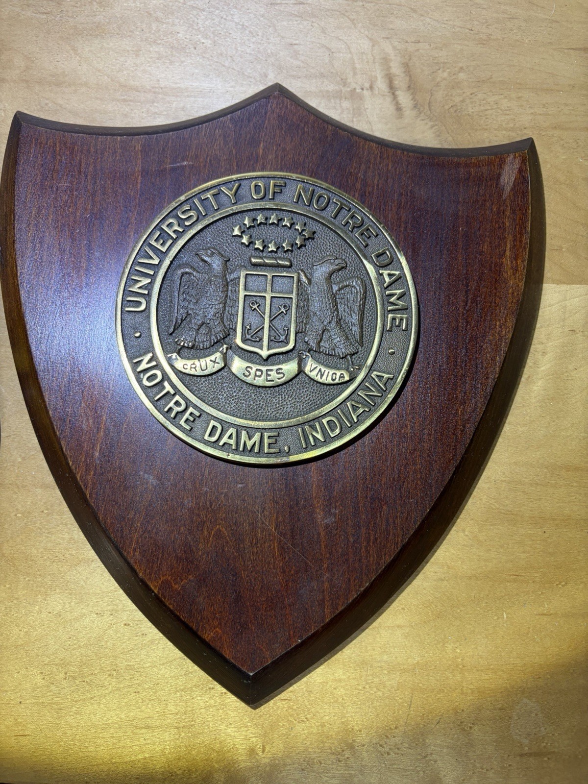 Antique University Notre Dame Wood Shield Plaque Metal Seal Crux Spes Unica