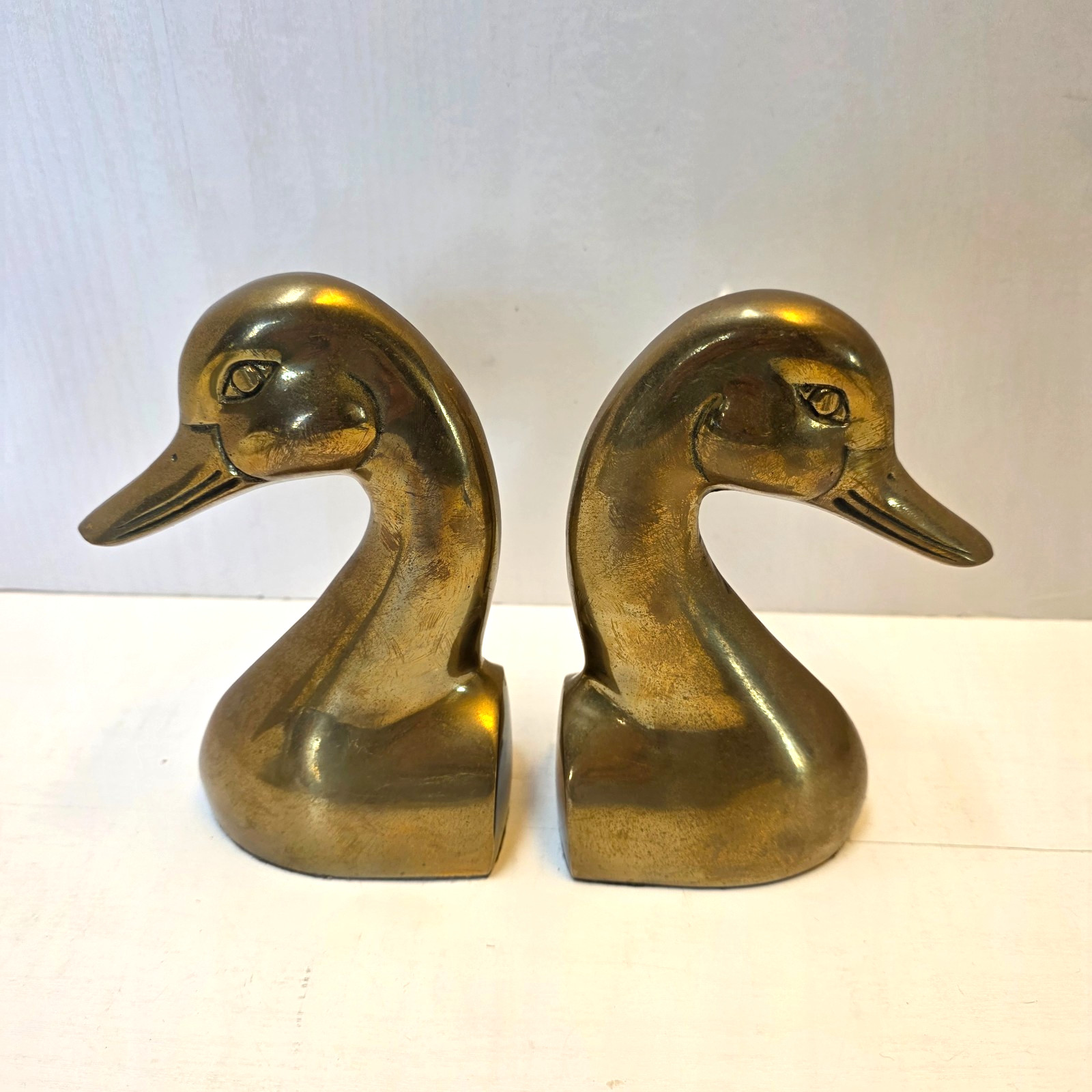 Vintage Brass Mallard Duck Head Bookends Set Mid-Century Weighted Korea