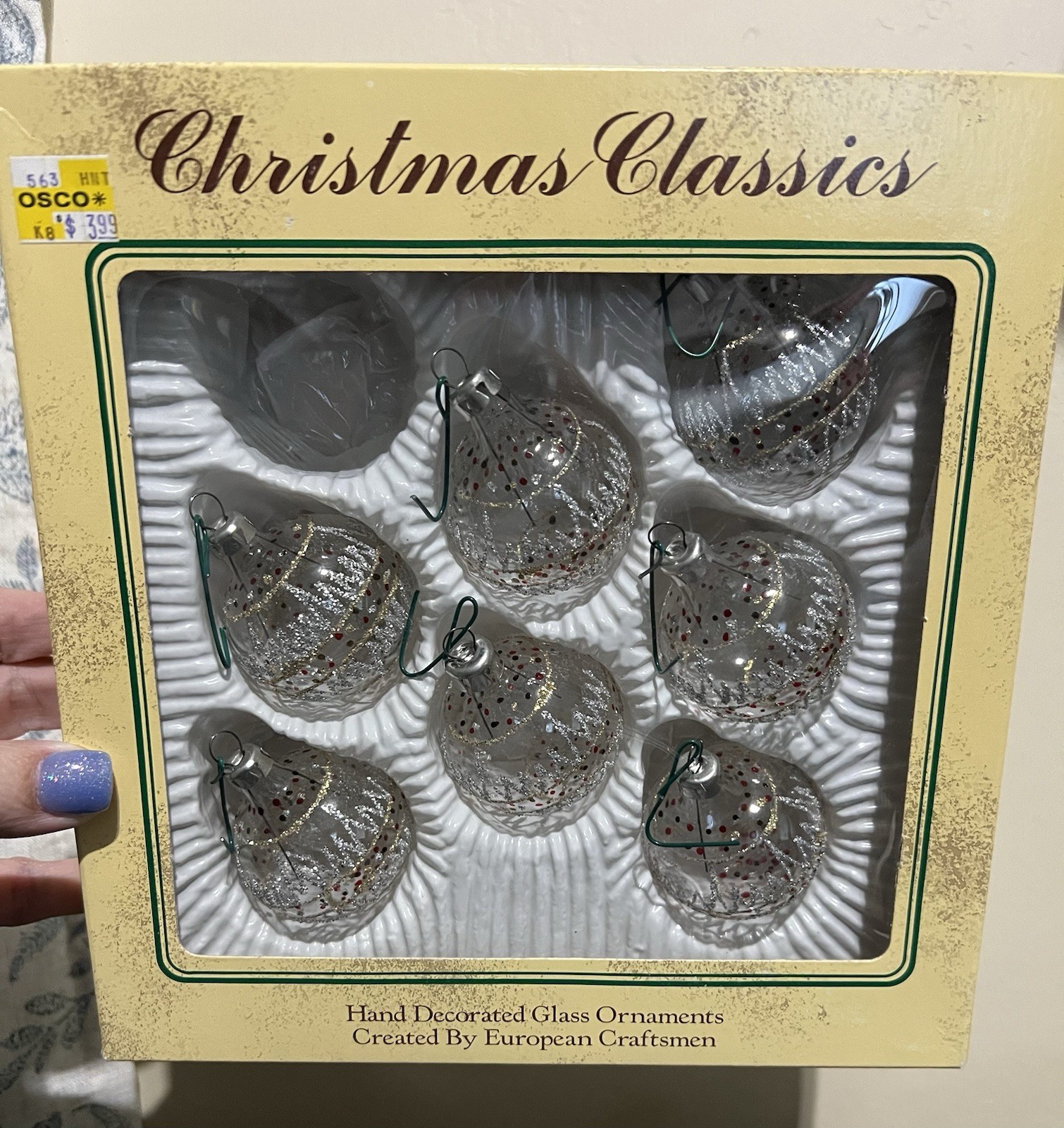 VTG Christmas Classics Ornaments European Hand Decorated Glass Orig Box (-1)