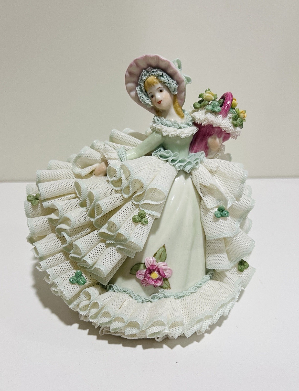 Vintage MZ Dresden Irish 6” Shamrock Lady Porcelain Figurine Flowers Ireland
