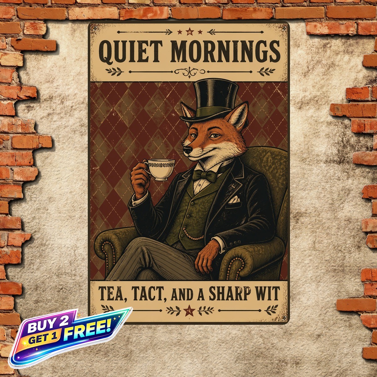 Gentleman Fox Top Hat Vintage Illustration Metal Plaque