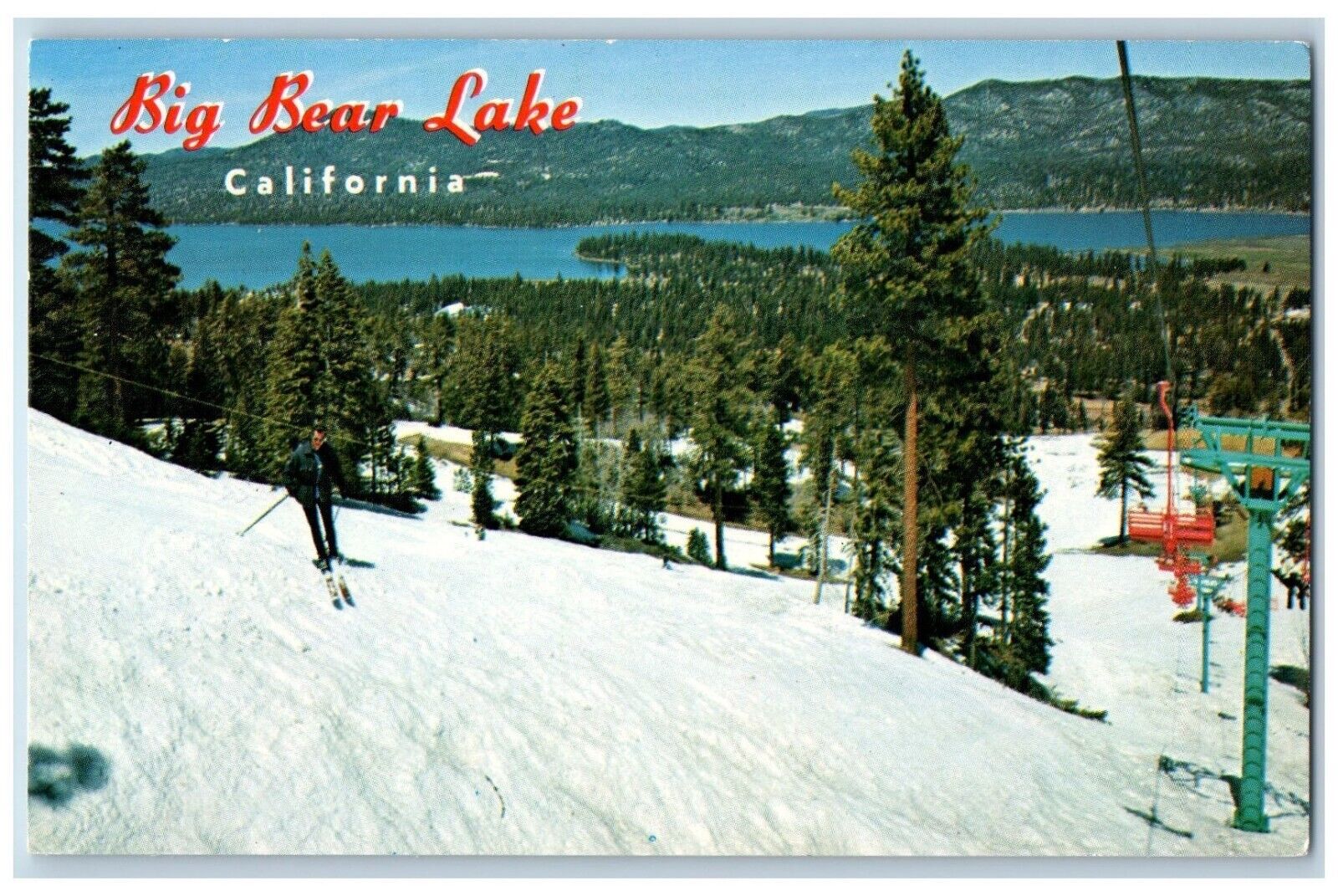 Big Bear Lake California CA Postcard Spectacular View Ski Slopes c1960 Vintage