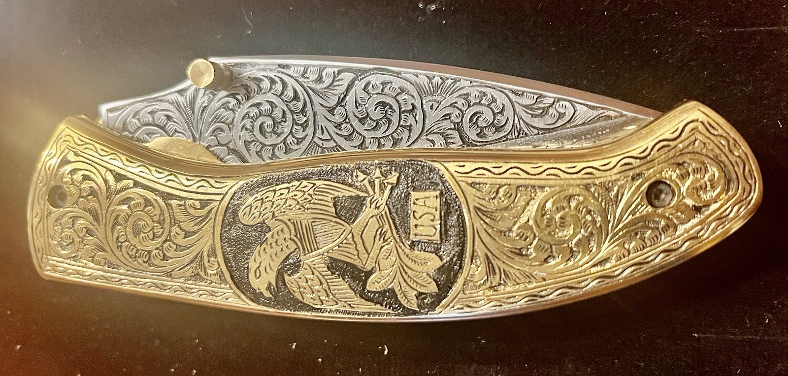 Museum Quality Hand Engraved USA Eagle Copper Handle Folding Knife G- 2 Steel Museum Quality Hand Engraved USA Eagle Copper Handle Folding Knife G- 2 Steel