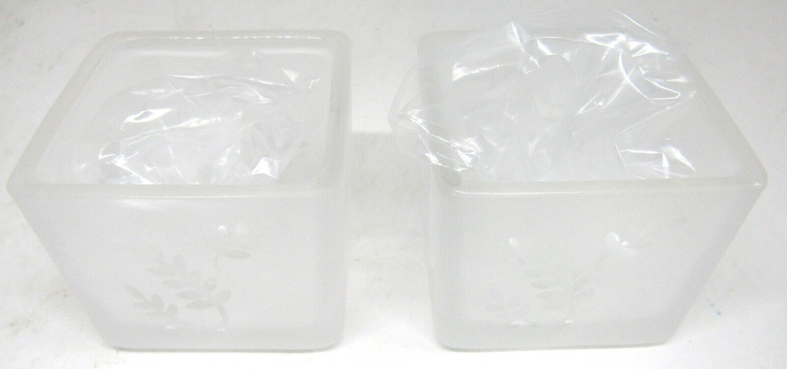 PartyLite P7235 Square Pair Frosted Glass Votive Candle Holders With leaf