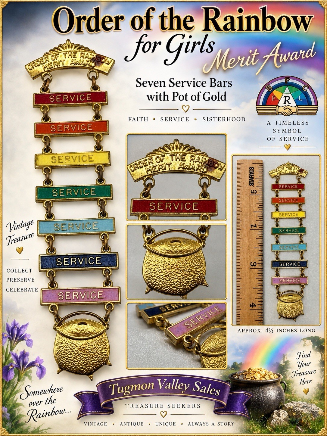 Vintage Order of Rainbow Girls Merit Award 7 Service Bars Pot Gold Masonic Pin