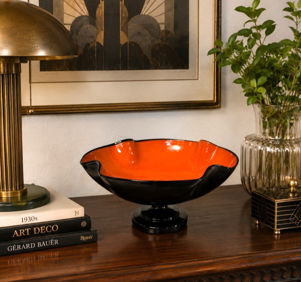 Vtg. Art Deco Czech Tango Glass Pedestal Orange & Black Console Bowl 9.5\