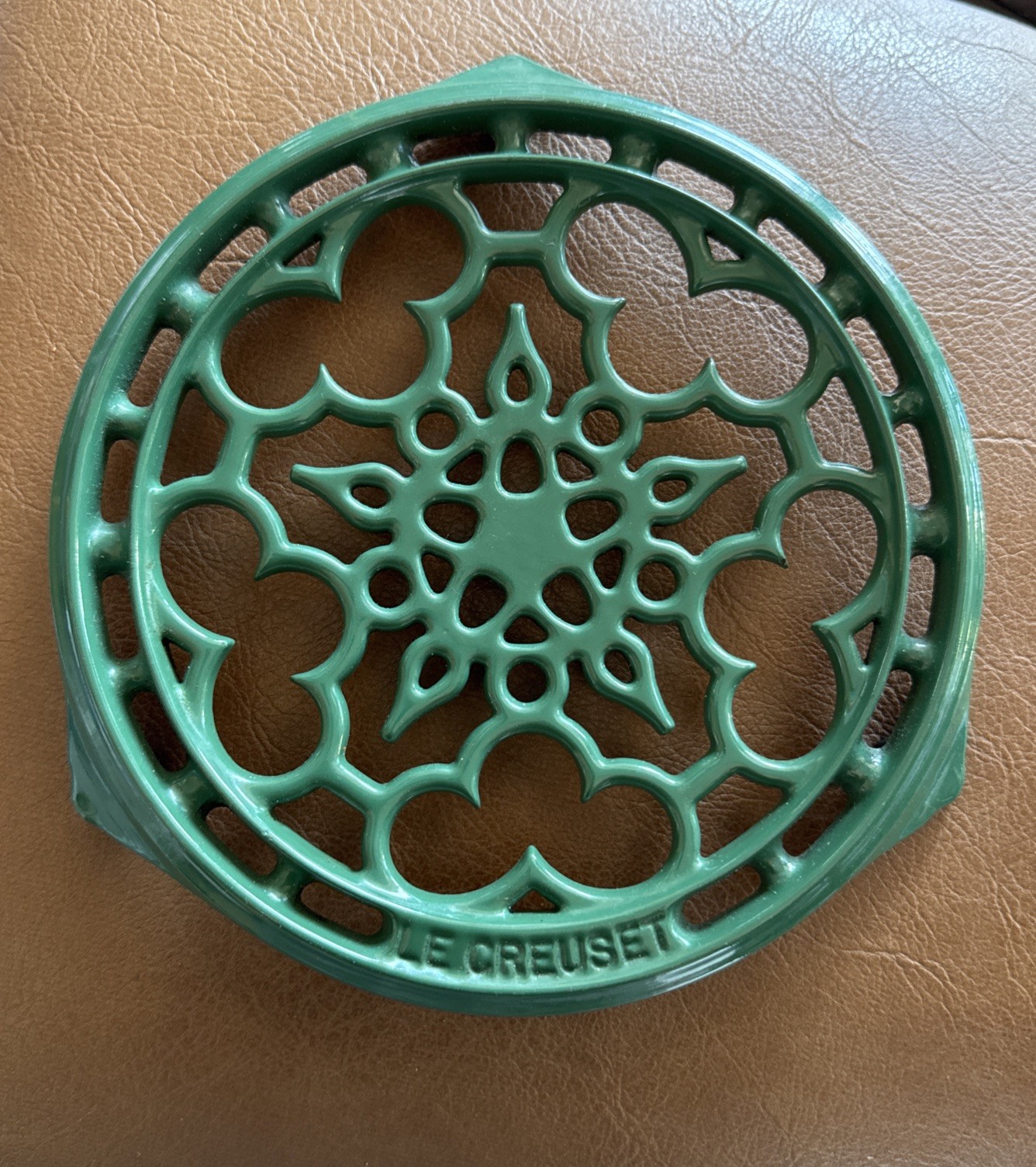 Vintage Le Creuset France Green Enameled Cast Iron Trivet Round Floral