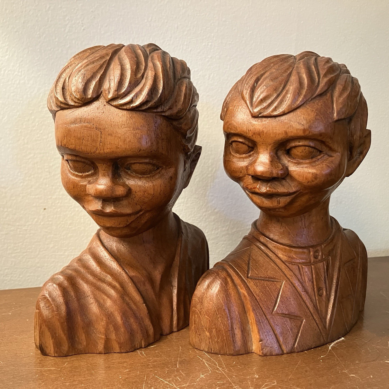 Vtg J. Pinal Signed Wood Hand Carved Bookend Bust Set Mexico Elena Ponchito