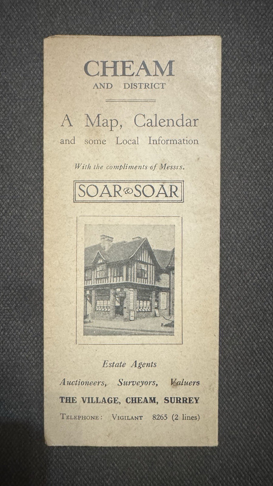 Vintage Soar & Soar Estate Agents Map & Calendar 1949-1951 Cheam Surrey