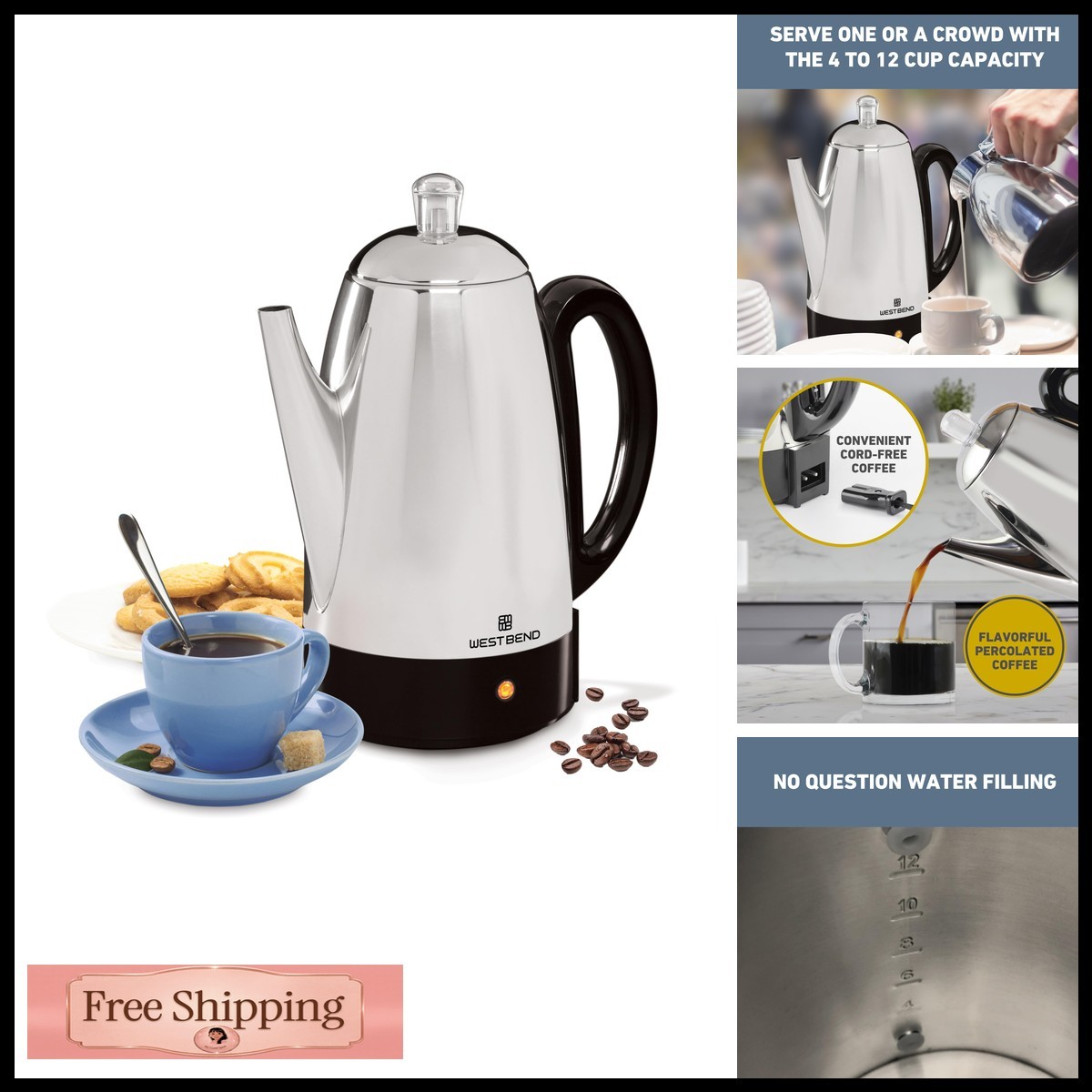 West Bend 54159 Electric Percolator Coffee Maker 12-Cup Silver