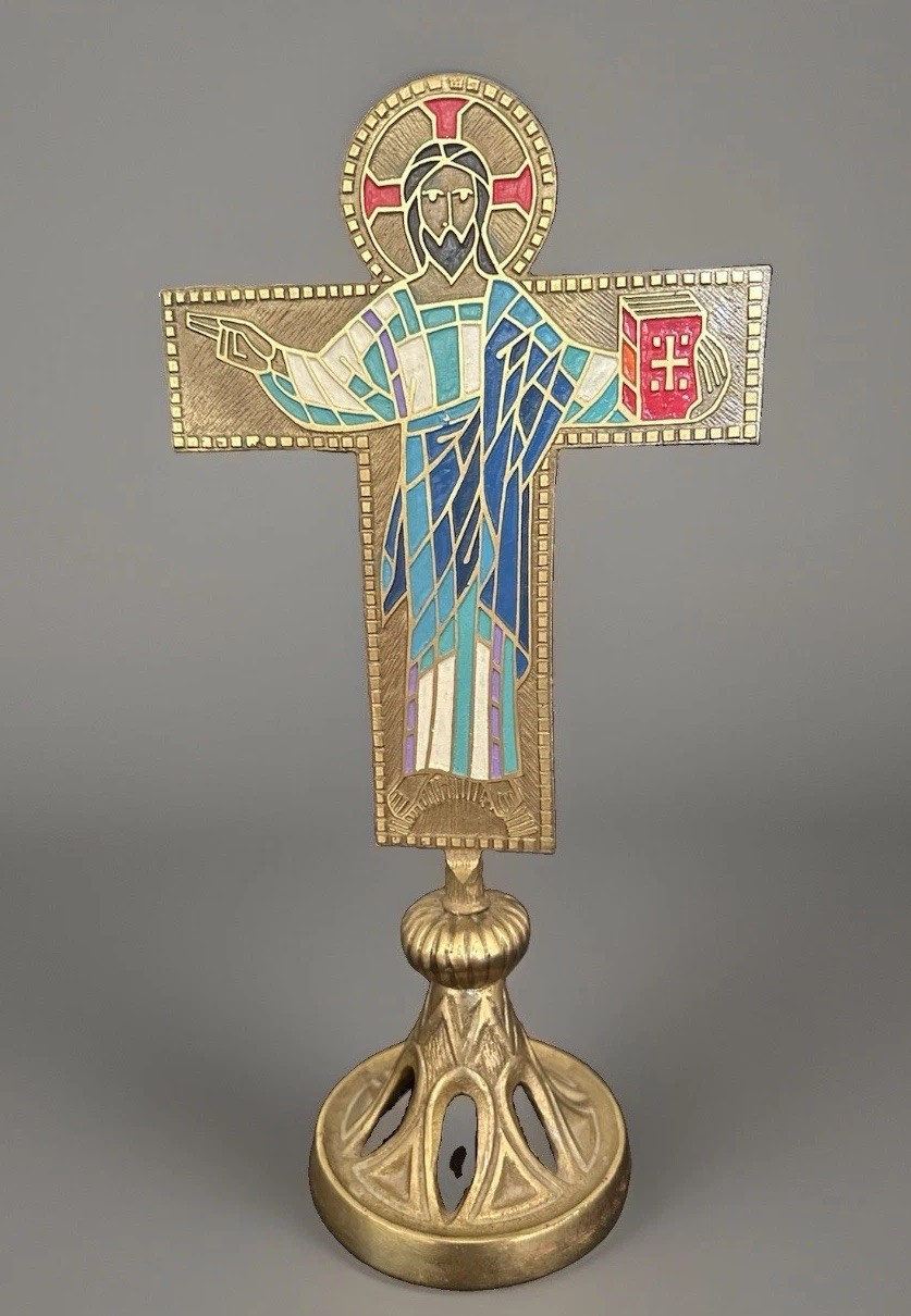 Altar Cross Brass & Enamel Crucifix Terra Sancta Handmade Israel 13” Mid Century Altar Cross Brass & Enamel Crucifix Terra Sancta Handmade Israel 13” Mid Century