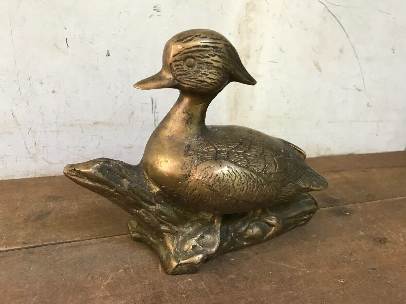Vintage Large Brass Wood Duck on log Mantle Shelf Book End (heavy 2 3/4 lb.)