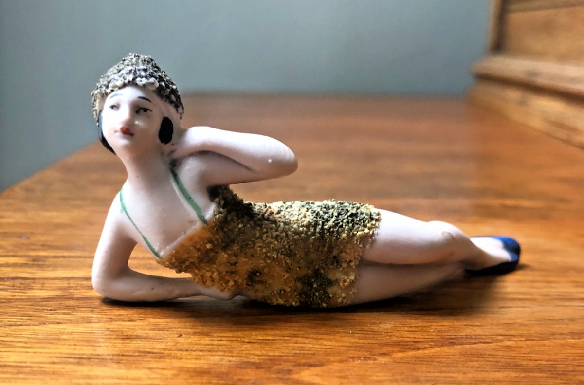Antique 1920s Bisque Art Deco Flapper Bathing Beauty textured suit Japan 3 1/4\