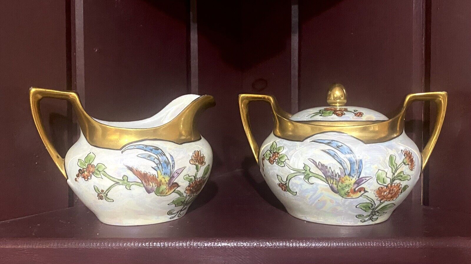 Vintage RS Germany Sugar Bowl & Creamer Set Floral Hand Painted  With Gold Trim