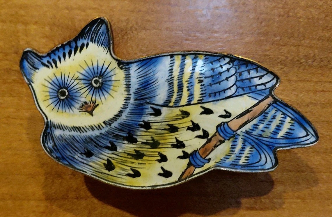 Vintage Cloisonné Enamel Blue Midnight Barn Owl Mini Trinket Jar Box