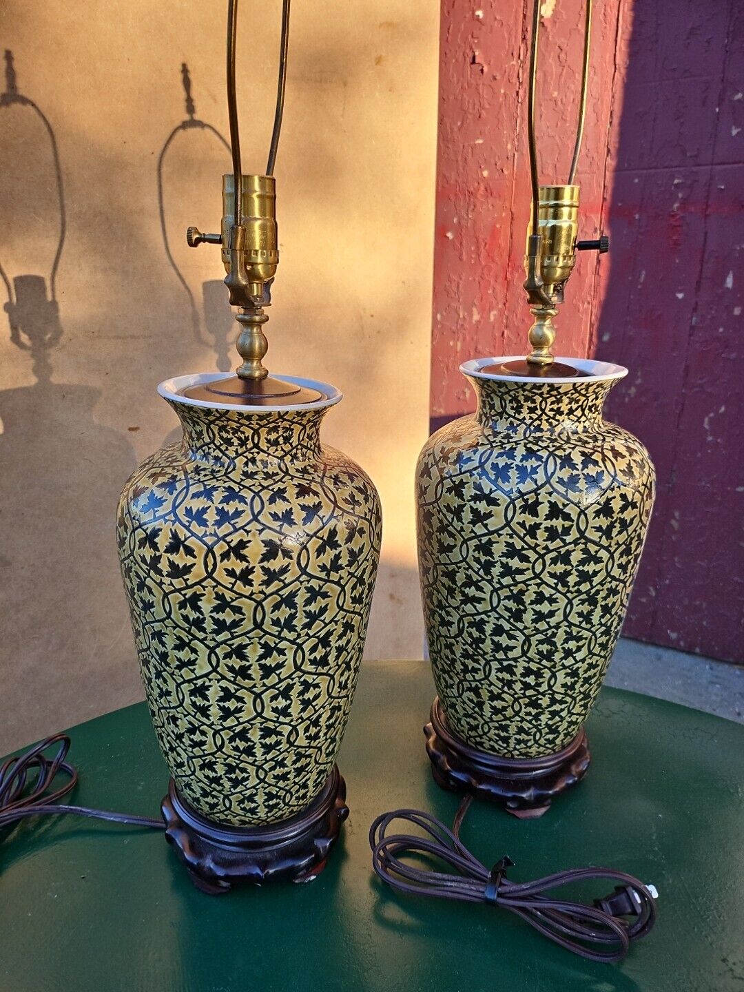 Vintage PAIR Chinoiserie Enamel Ceramic Ginger Jar Urn Table Lamps Black Vine 28
