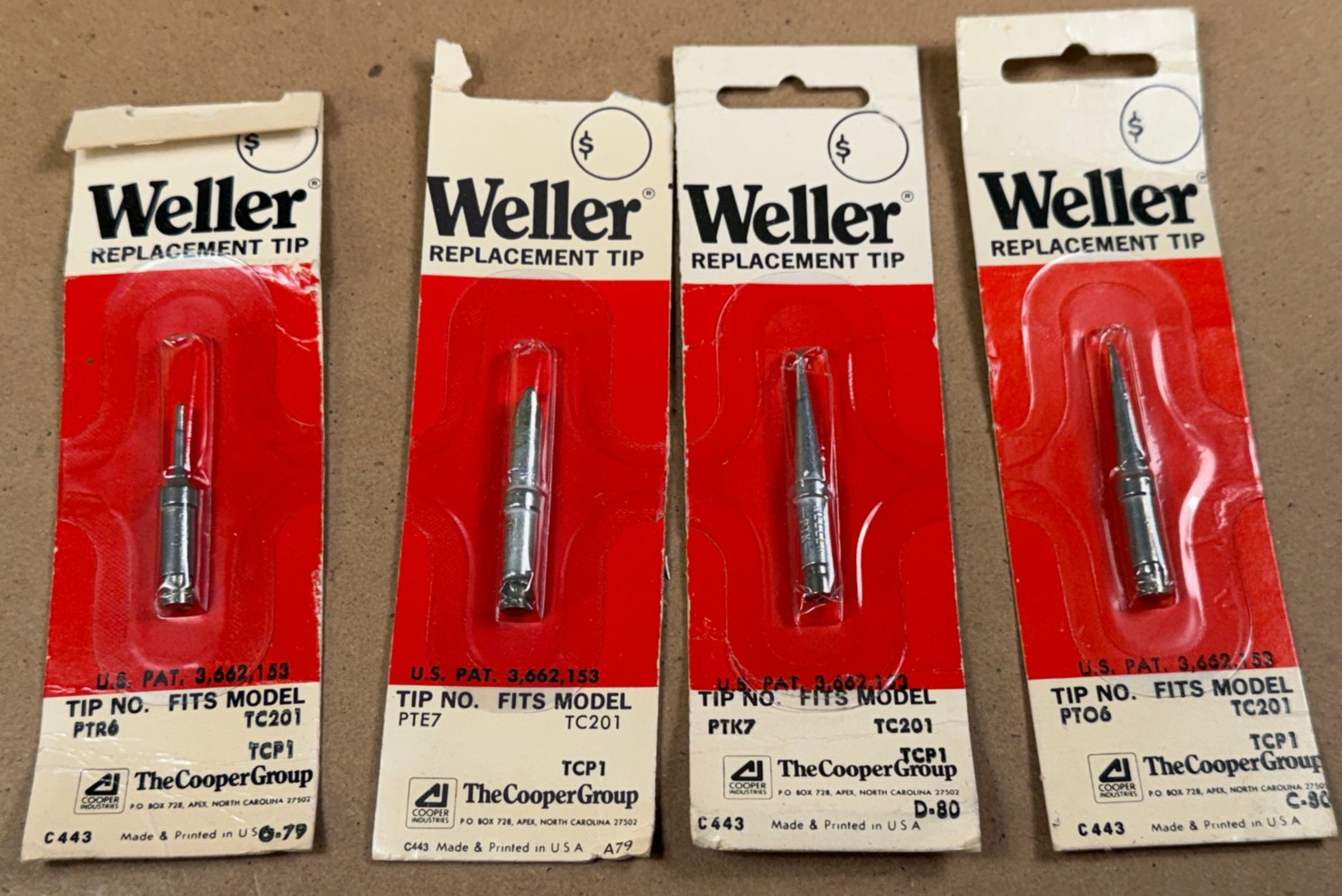 NOS - 4 WELLER USA SOLDERING TIP MODEL TCP1 TC201 - PTR6, PTE7, PTK7, PTO7